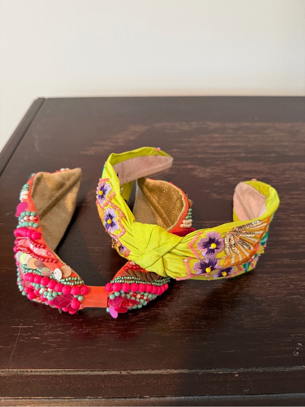 Embroidered Floral Knot Headband - Lime Green & Hot Pink